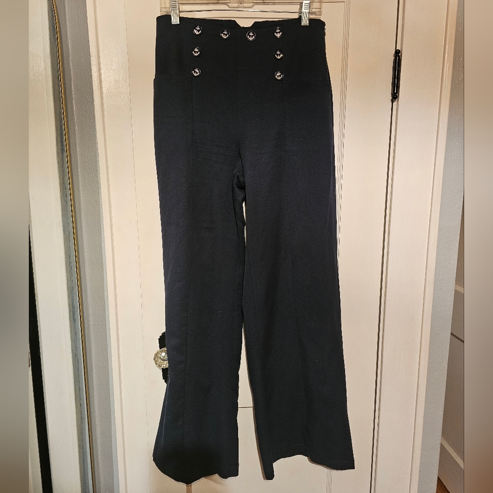 Navy High-Waisted Button-Detail Pants